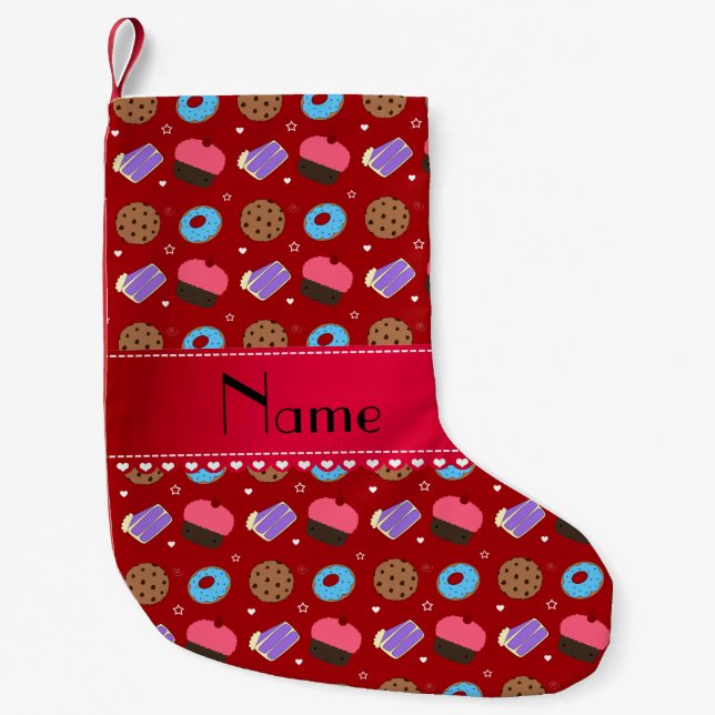 Name red cupcake doughnuts cake cookies small christmas stocking (Front)