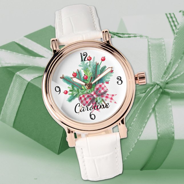 Name, Red & Green Bouquet White Leather Womans Watch (Creator Uploaded)