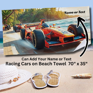 Name, Red Racing Cars on the Sand Beach Towel