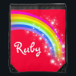 Name red rainbow stars drawstring bag<br><div class="desc">Bright red and colourful rainbow girls drawstring bag. Customise with the short name of your choice. Currently reads: Ruby. *Please note some names will not always fit due to the nature of the font. A perfect gift for a vibrant colourful girl to carry sports kit or school items. Uniquely designed...</div>