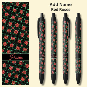Name Red Roses on Black Ink Pen