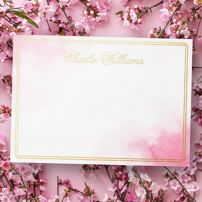 Name romantic script pink watercolor foil notecard (Name romantic script pink watercolor foil notecard)