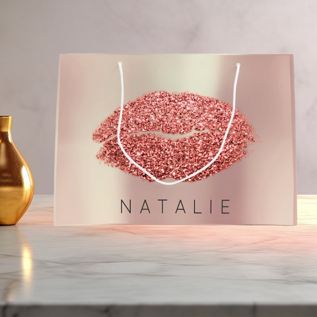Name Rose Blush Pearl Pink Kiss Lip Glitter Copper Large Gift Bag (Name Rose Blush Pearl Pink Kiss Lip Glitter Copper Large Gift Bag)