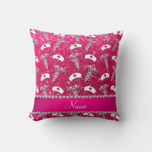 Name rose pink glitter nurse hats silver caduceus cushion