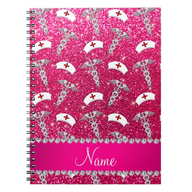 Name rose pink glitter nurse hats silver caduceus notebook (Front)