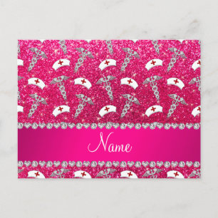 Name rose pink glitter nurse hats silver caduceus postcard