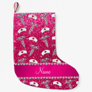 Name rose pink glitter nurse hats silver caduceus small christmas stocking