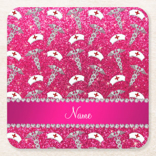 Name rose pink glitter nurse hats silver caduceus square paper coaster
