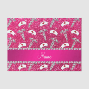 Name rose pink glitter nurse hats silver caduceus tissue paper