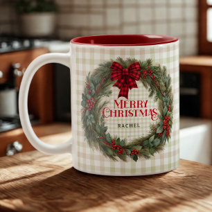 Name Sage Green Gingham Farmhouse Christmas Wreath Two-Tone Coffee Mug