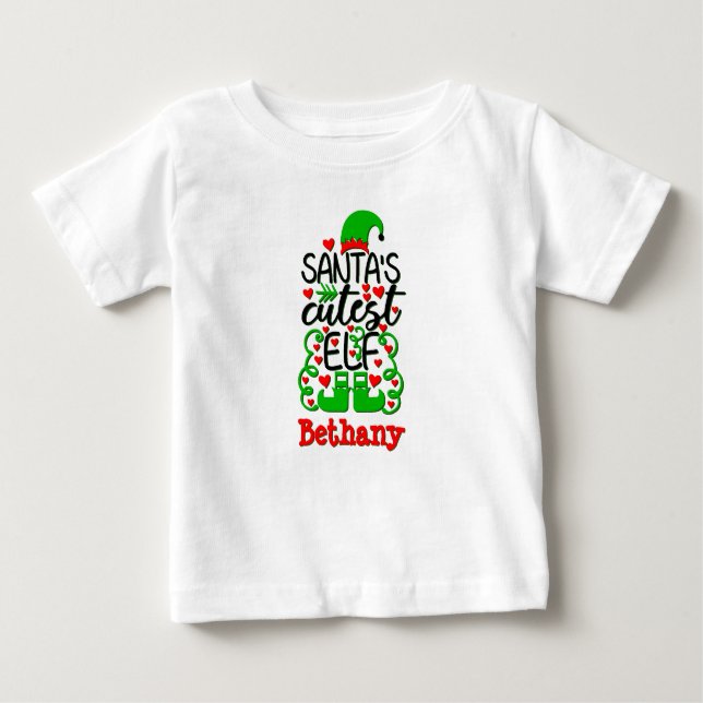 Name Santa's Cutest Elf Hat Shoes Green Red  Baby T-Shirt (Front)