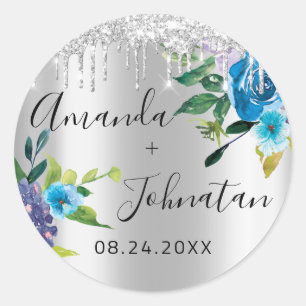 Name Save The Date Black Silver Drips Navy Classic Round Sticker