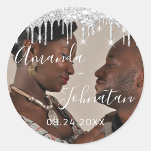 Name Save The Date Black Silver Drips Photo Classic Round Sticker
