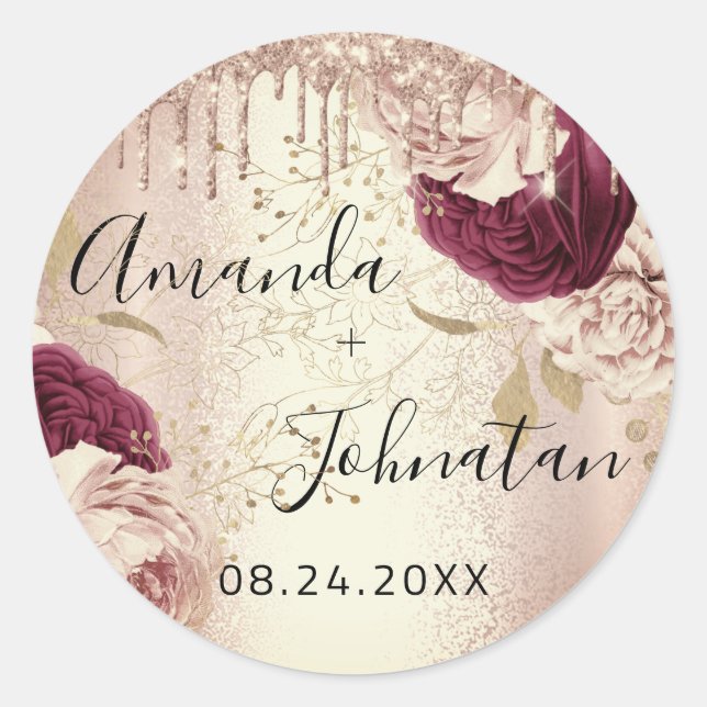 Name Save The Date Drips Roses Florals Burgundy Classic Round Sticker (Front)
