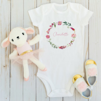 Name Script Baby Girl Watercolor Floral Pink Bodysuit