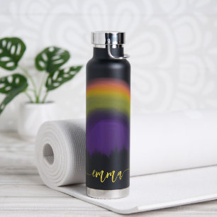 Name script colorful rainbow personalized black water bottle