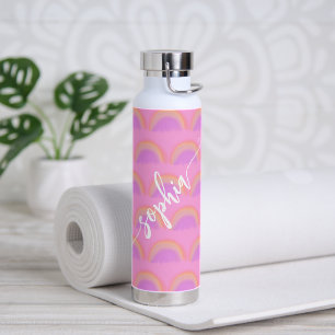 Name script colourful rainbow pattern personalised water bottle
