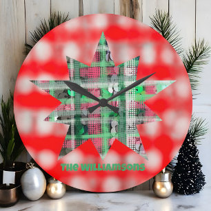 Name script festive star plaid red green white large clock