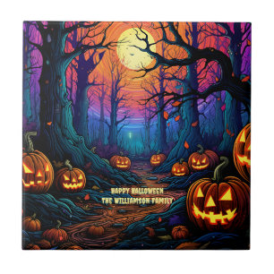 Name Sentiment Spooky Halloween Pumpkin Ceramic Tile