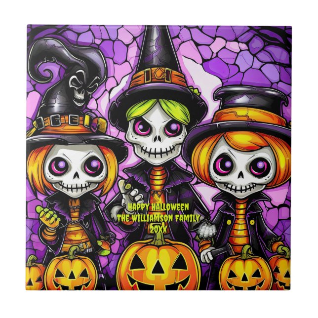 Name Sentiment Year Spooky Skeleton Witch Family Ceramic Tile (Front)