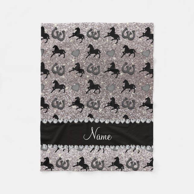 Name silver glitter horses hearts horseshoe fleece blanket (Front)