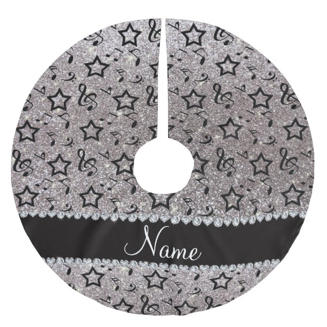 Name silver glitter music notes stars brushed polyester tree skirt (Front)