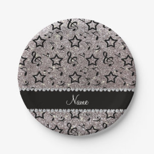 Name silver glitter music notes stars paper plate