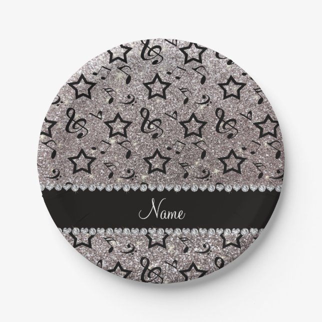 Name silver glitter music notes stars paper plate (Front)