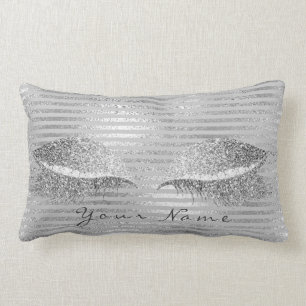 Name Silver Glitter Stripes Diamond  Makeup White Lumbar Cushion