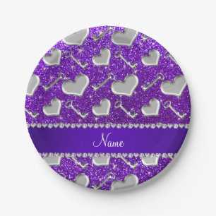 Name silver hearts keys indigo purple glitter paper plate