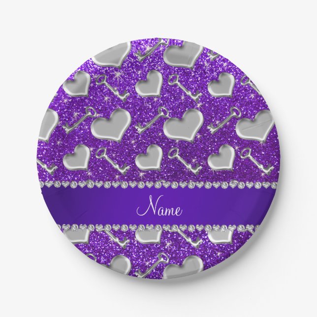 Name silver hearts keys indigo purple glitter paper plate (Front)