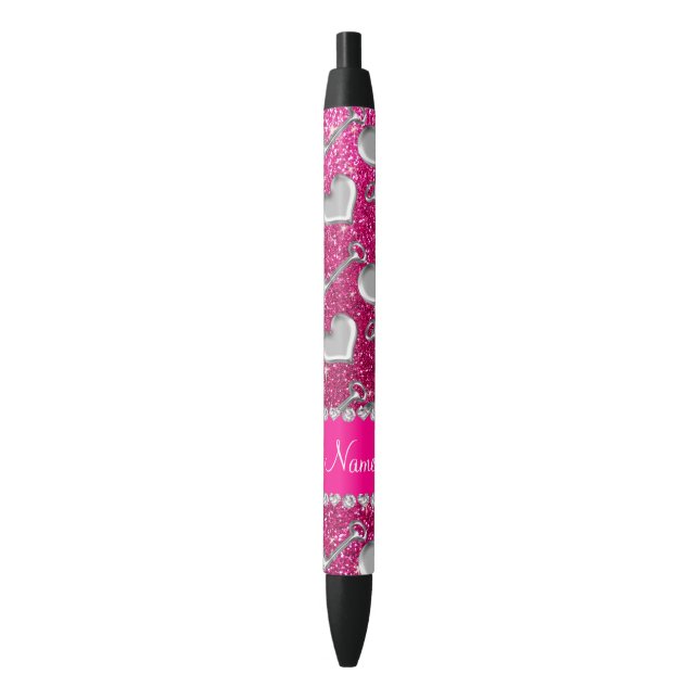 Name silver hearts keys neon hot pink glitter black ink pen (Front Vertical)