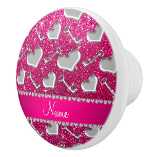 Name silver hearts keys neon hot pink glitter ceramic knob