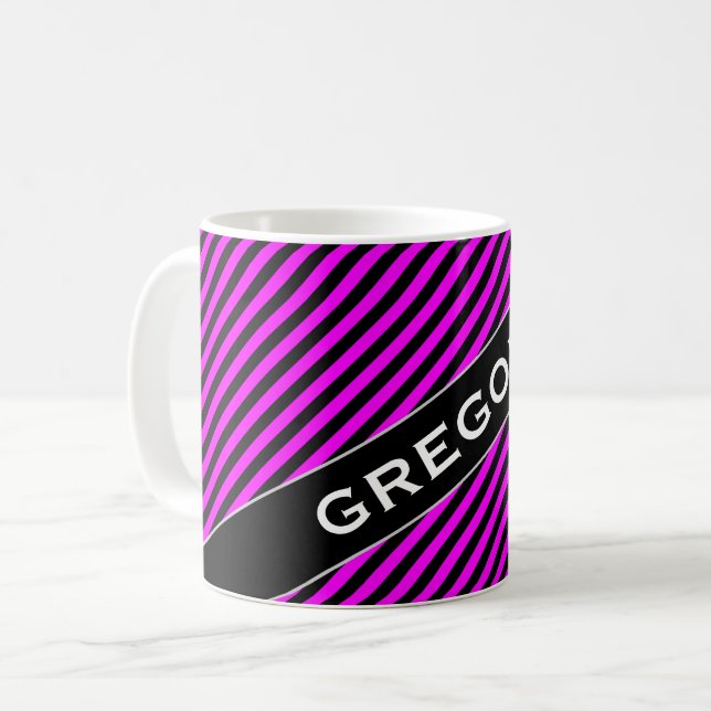 Name + Simple Fuchsia & Black Stripes Pattern Mug (Front Left)