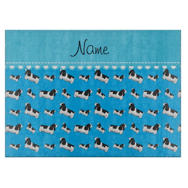 Name sky blue english cocker spaniel dog cutting board (Front)