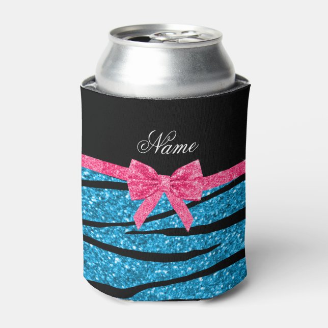 Name sky blue glitter zebra stripes pink bow can cooler (Can Front)
