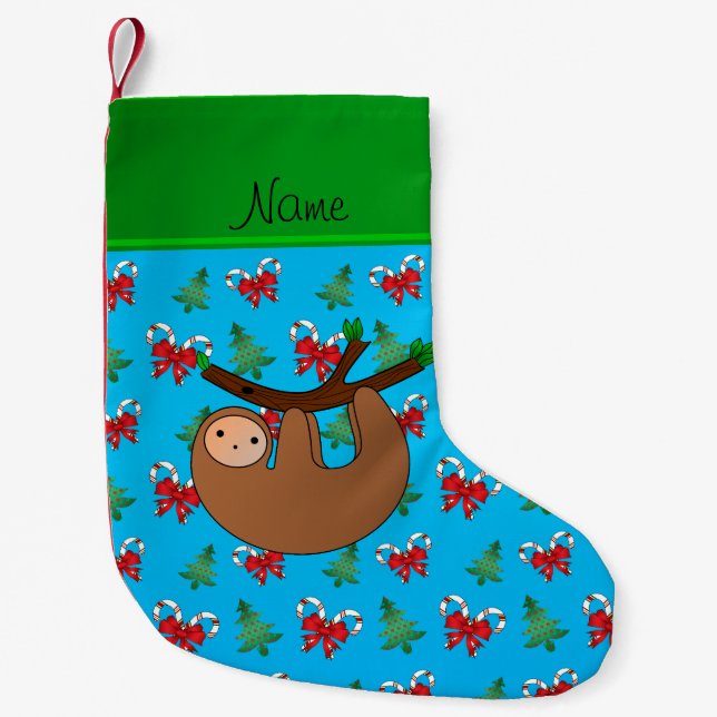 Name sloth blue candy canes bows christmas trees small christmas stocking (Front)