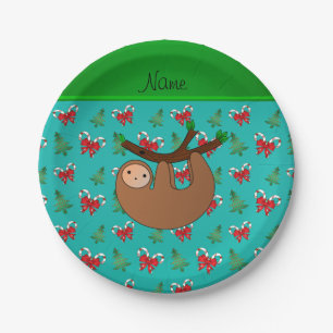 Name sloth turquoise candy canes christmas trees paper plate