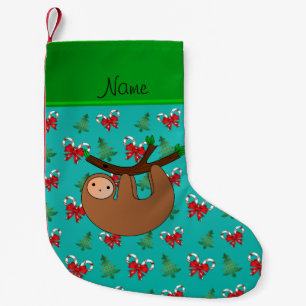 Name sloth turquoise candy canes christmas trees small christmas stocking