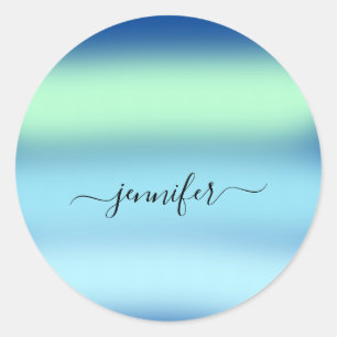Name Small Business Thank Blue Green Pastels Classic Round Sticker