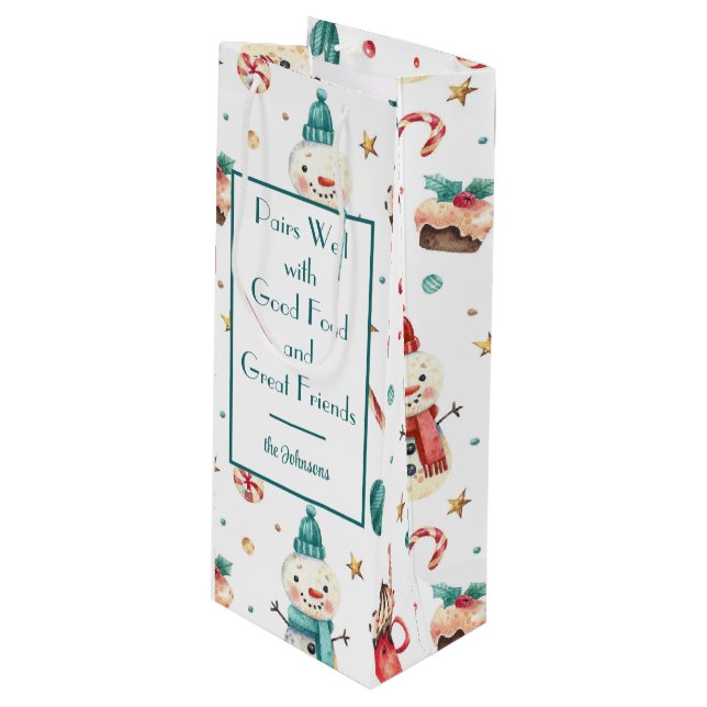 Name, Snowman & Candy Holiday Wine Gift Bag (Front Angled)