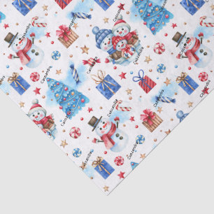 Name, Snowmen Blue & Red Whimsical Christmas Tissue Paper