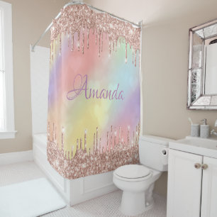 Name Sparkly Glitter Drips Pink Rose Blush Hearts Shower Curtain