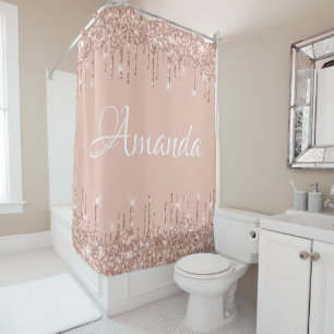 Name Sparkly Glitter Drips Pink Rose Girly Blush Shower Curtain