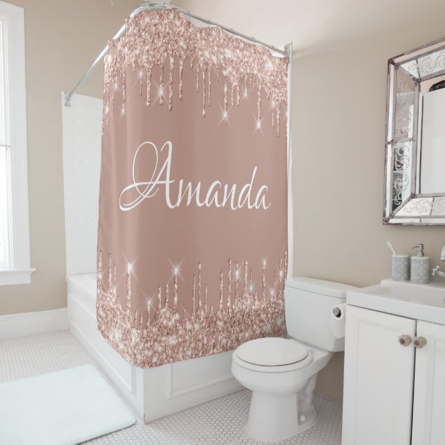 Name Sparkly Glitter Drips Pink Rose Girly Blush Shower Curtain (In Situ)