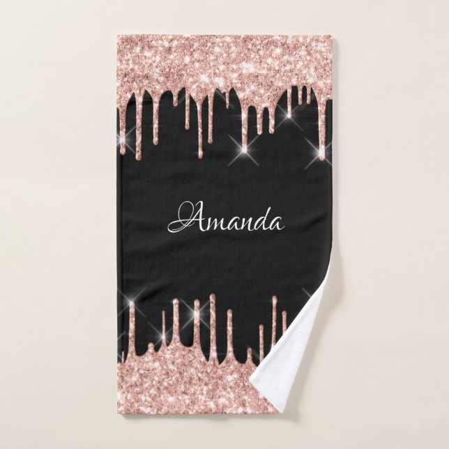 Name Sparkly Glitter Drips Pink Rose Gold Black Ba Hand Towel (Hand Towel)