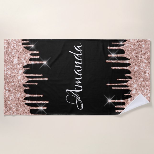Name Sparkly Glitter Drips Pink Rose Gold Blush Beach Towel (Front)