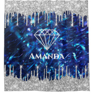 Name Sparkly Glitter Drips Silver  Navy Blue Bride Shower Curtain