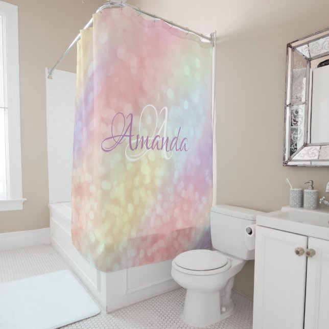 Name Sparkly Monogram Pink Rose Pastels Unicorn Shower Curtain (In Situ)