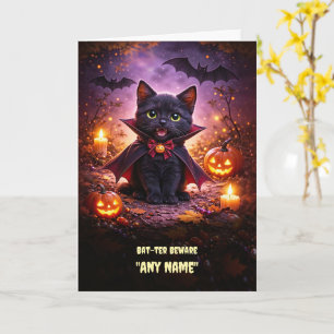 Name Specific Halloween with Black Cat Bats Card